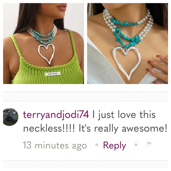 Heart Necklace Gold Pendant Turquoise and Pearl Strands - Picture 4 of 15